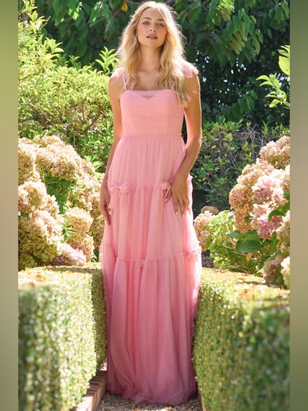Revelry Eloise Pink Tulle Coquette Ribbons Ballerina Bridesmaid Maxi Dress